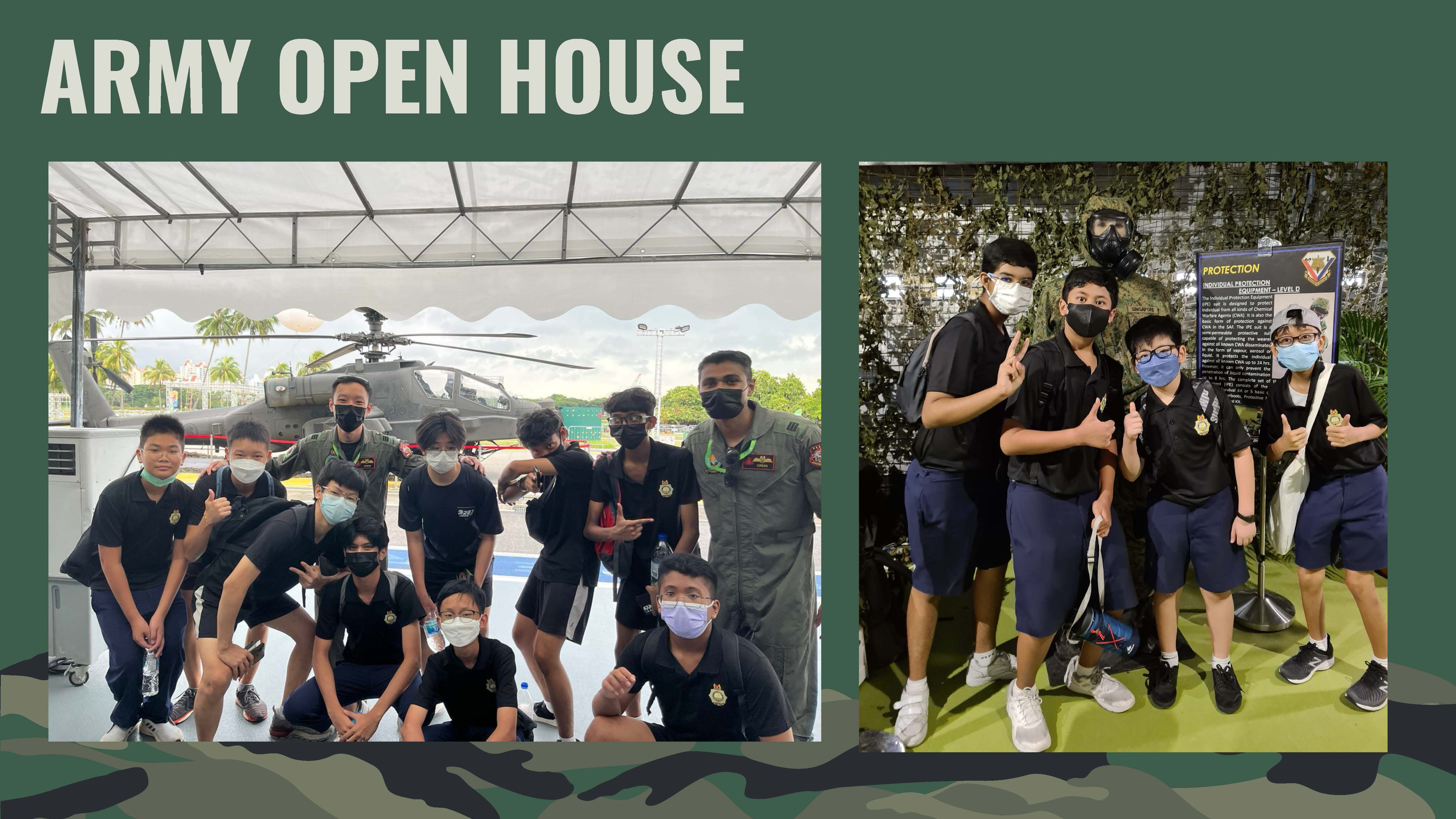 Army Open House title above two group photos of masked students with soldiers, helicopter, and display booth